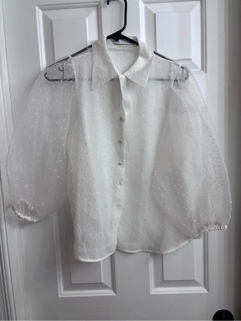 Zara White Sheer Swiss Dot Blouse with Puff Sleeves